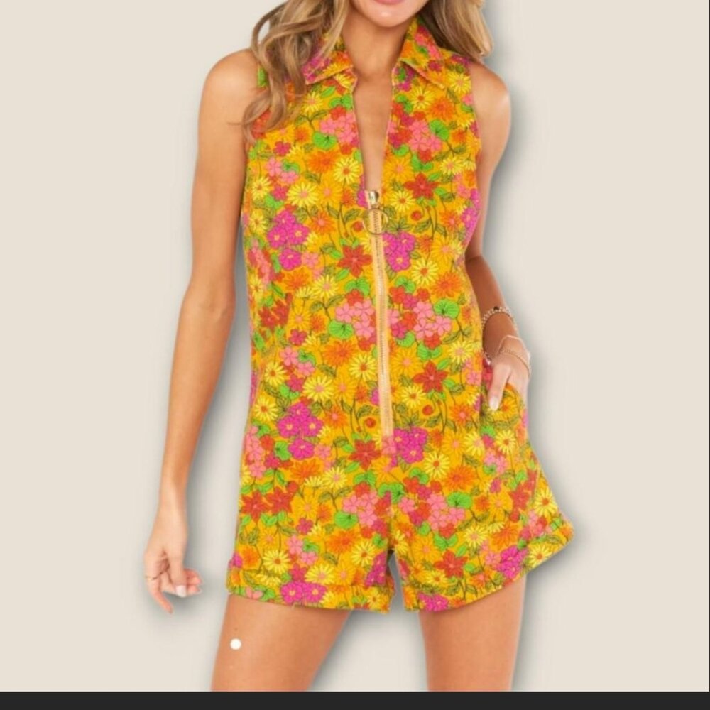Show Me Your MuMu Zip Front Floral Romper Retro 70s Style Medium